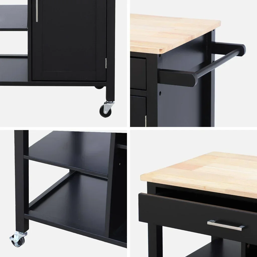 Carrello cucina vassoio legno hevea con maniglia integrata L83 cm Bendor nero