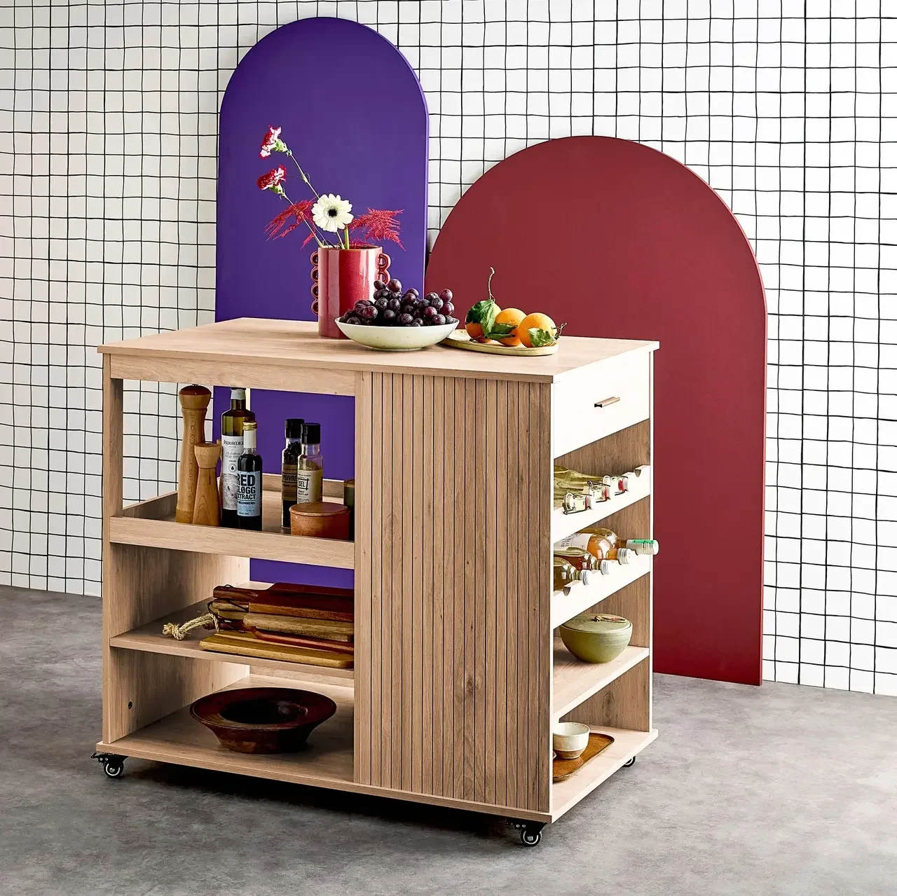 Desserte cuisine bois 5 étagères rangement bouteilles roulettes 100 cm