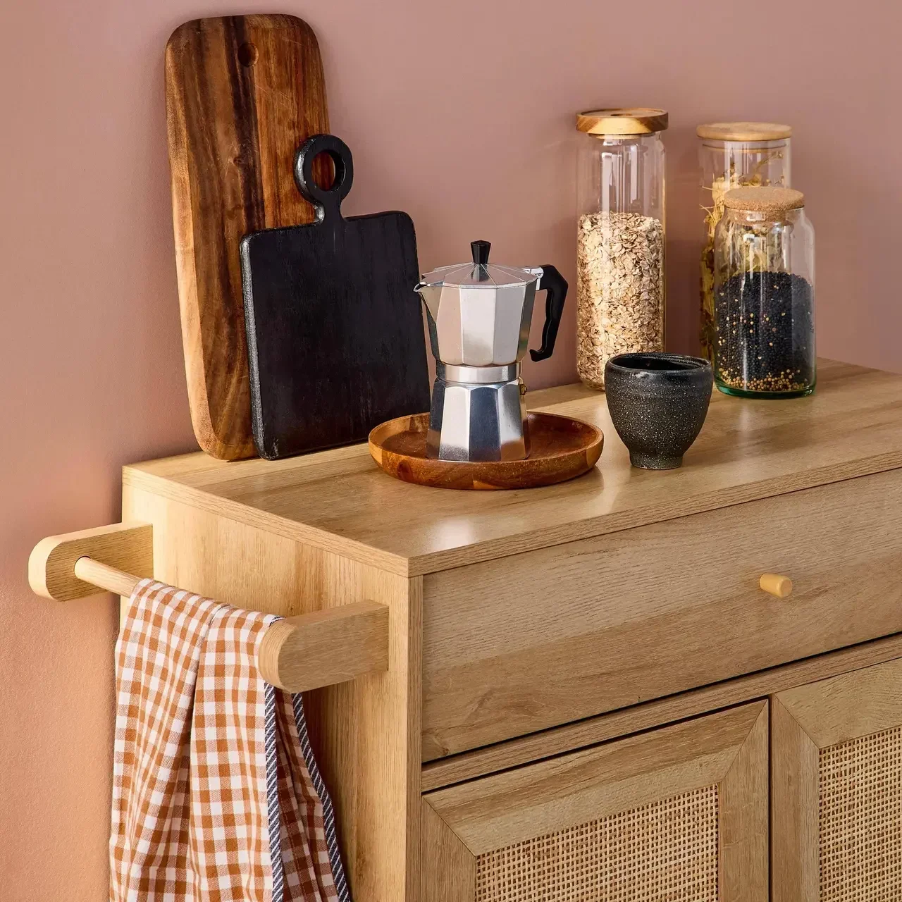 Carrello cucina legno rattan bohémien ruote cassetto contenitore