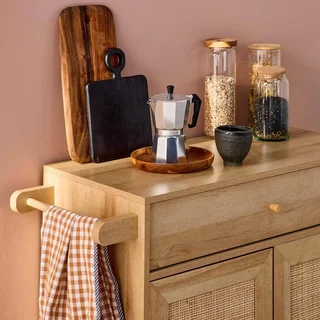 Carrello cucina legno rattan bohémien ruote cassetto contenitore