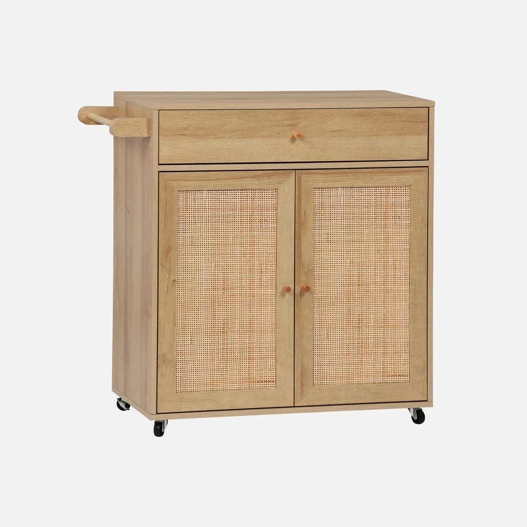 Carrello cucina legno rattan bohémien ruote cassetto contenitore