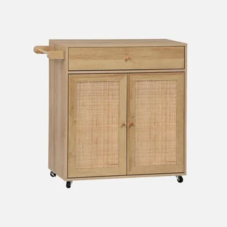Carrello cucina legno rattan bohémien ruote cassetto contenitore