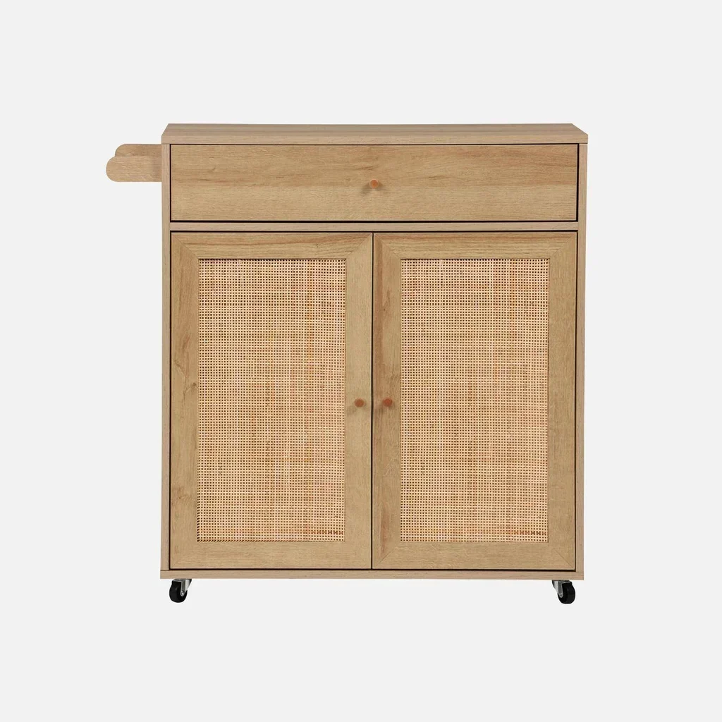 Carrello cucina legno rattan bohémien ruote cassetto contenitore