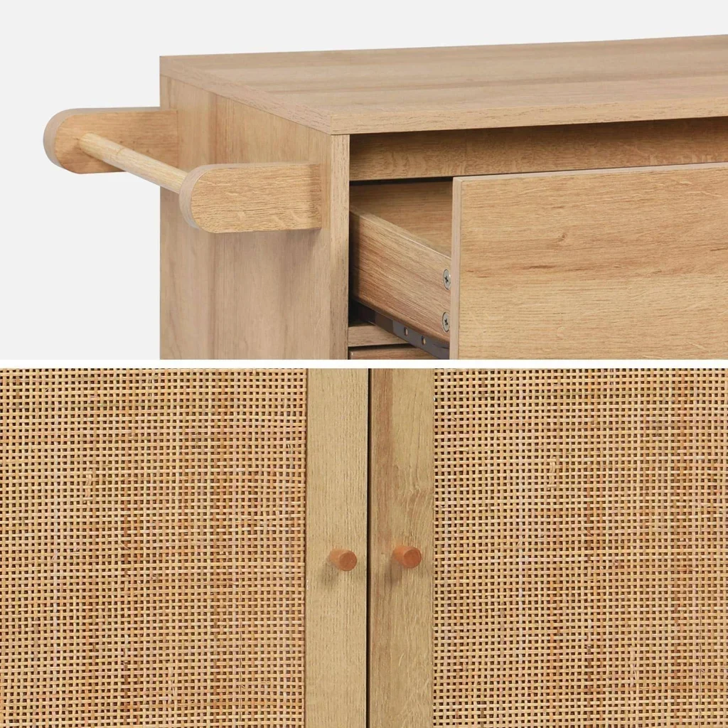 Carrello cucina legno rattan bohémien ruote cassetto contenitore