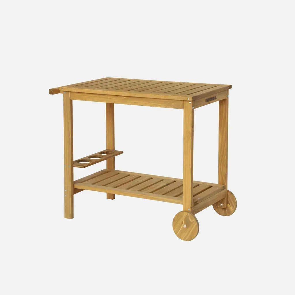 Desserte jardin bois sapin 95 cm roulettes poignée rangement bouteilles