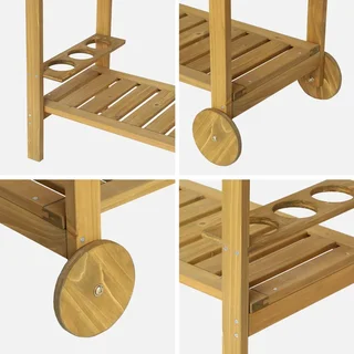 Desserte jardin bois sapin 95 cm roulettes poignée rangement bouteilles