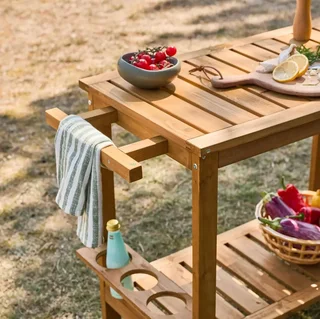 Desserte jardin bois sapin 95 cm roulettes poignée rangement bouteilles