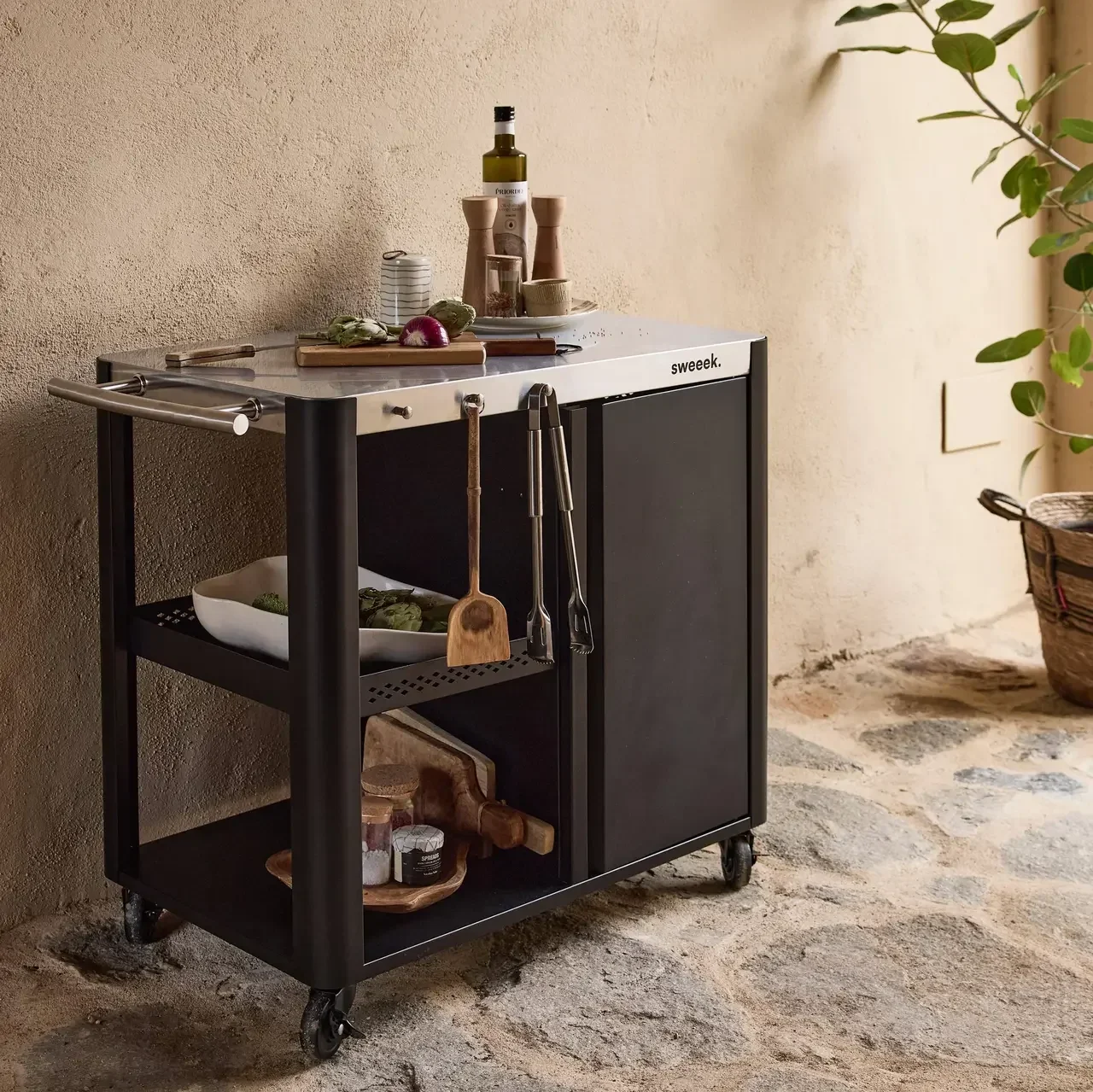 Klappbarer Edelstahl-Garten-Servierwagen 94,5 cm mit klappbarem Regal und Rollen