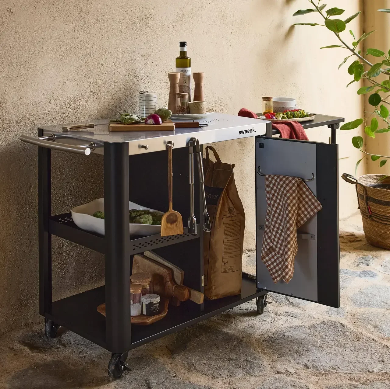 Desserte jardin inox pliante 94,5 cm avec étagère rabattable et roues