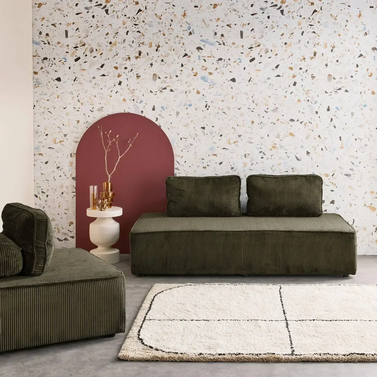 3-Sitzer Modulares Vintage Cord-Samt Sofa Set Lao