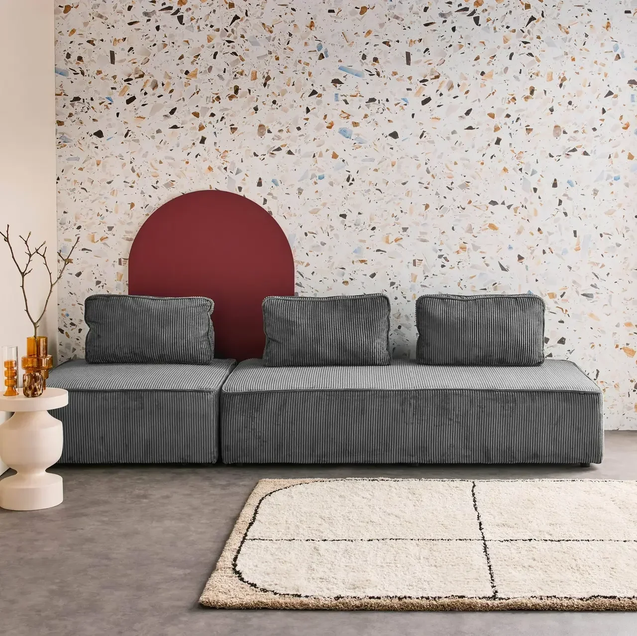 3-Sitzer Modulares Vintage Cord-Samt Sofa Set Lao