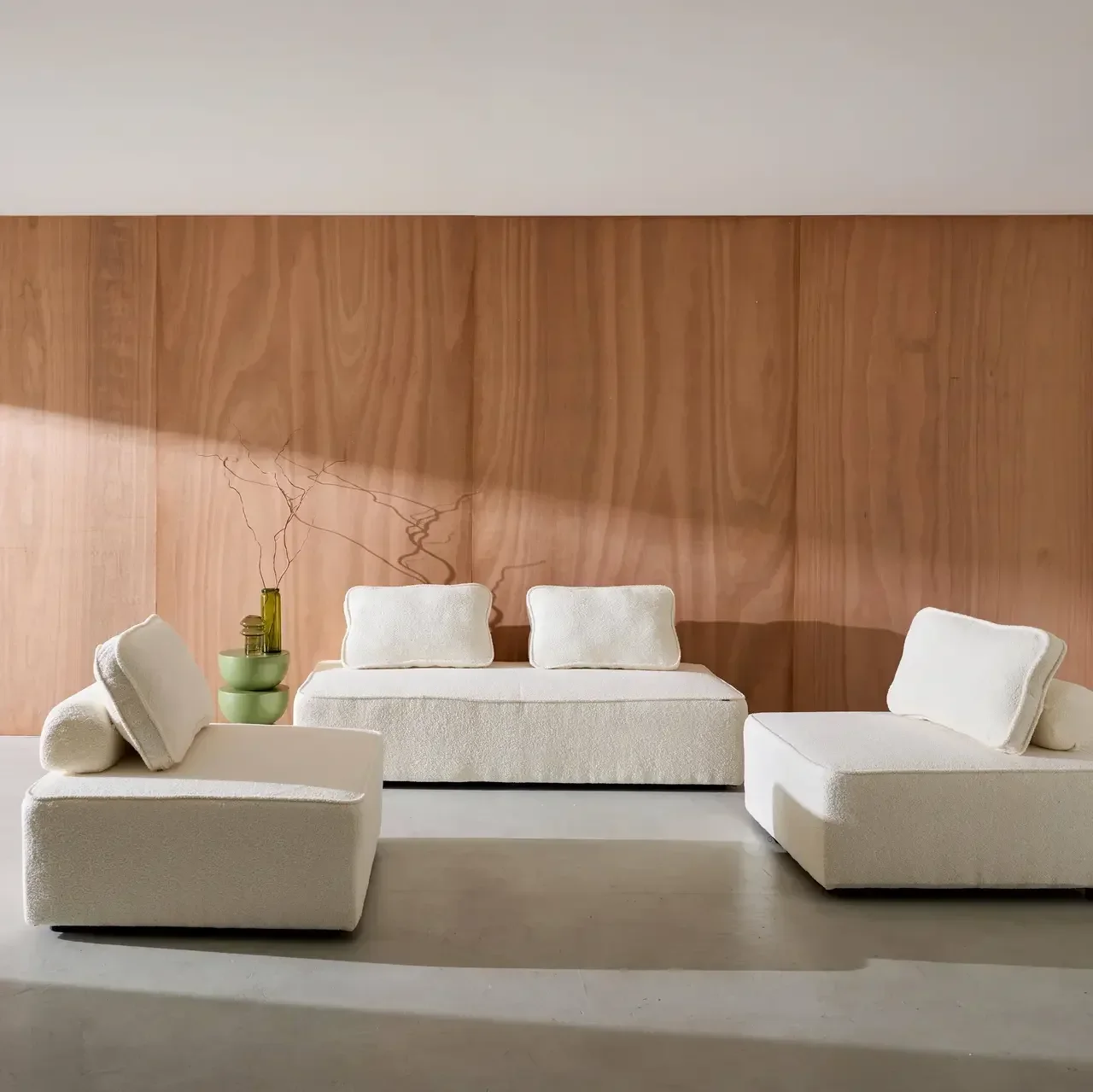 Ensemble chauffeuses modulables 4 places tissu bouclette crème vintage Bao