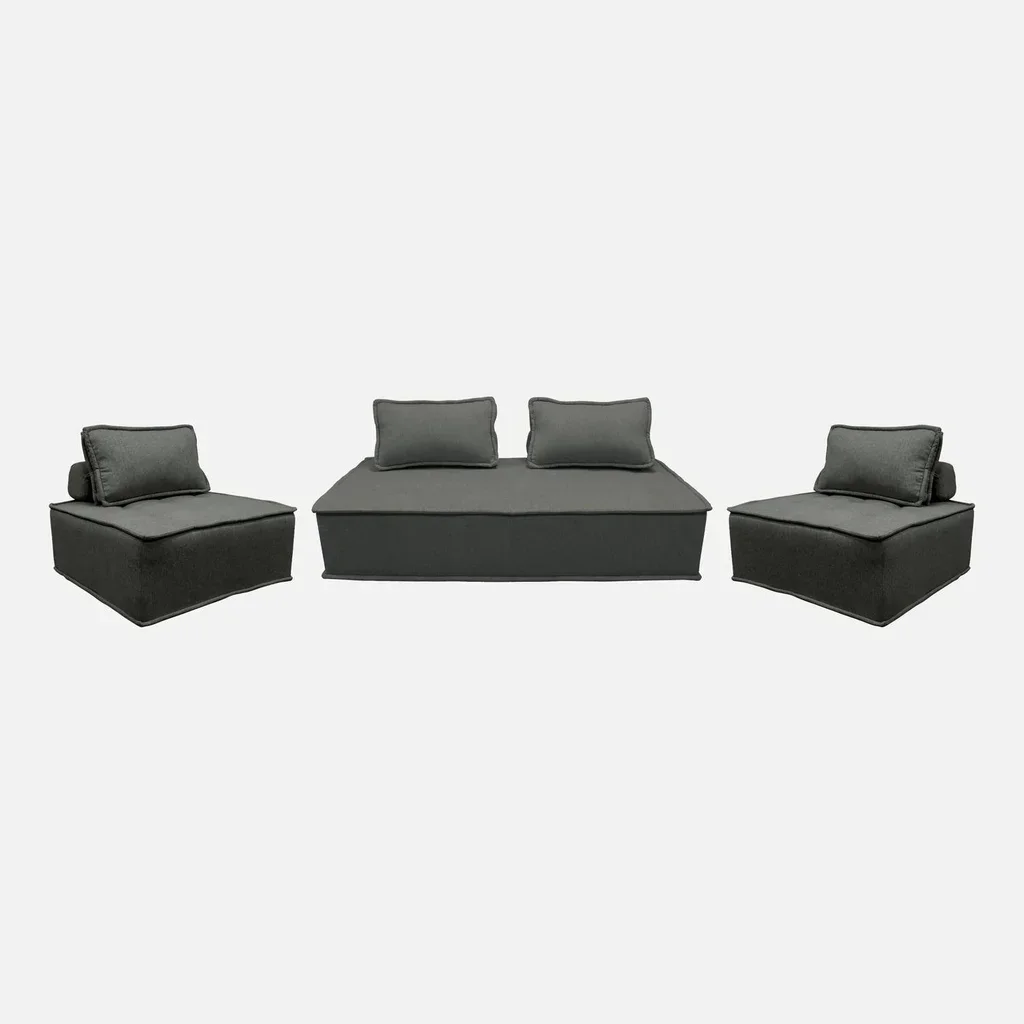 Conjunto de 4 poltronas modulares em tecido cinza acolchoado