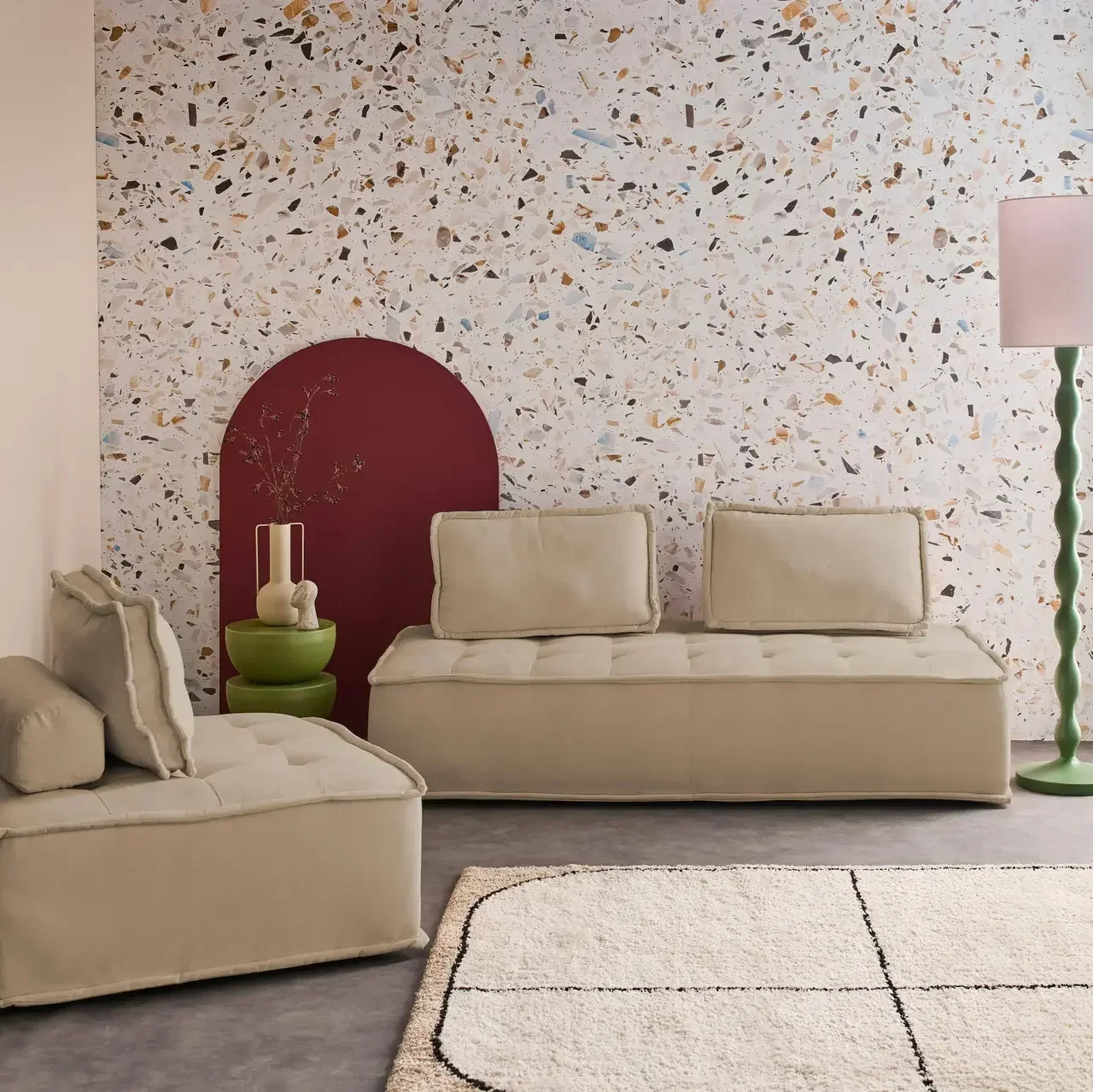 Conjunto modular 3 lugares em tecido capitoné Dao