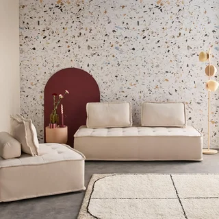 Conjunto sofá modular tecido capitoné 3 lugares