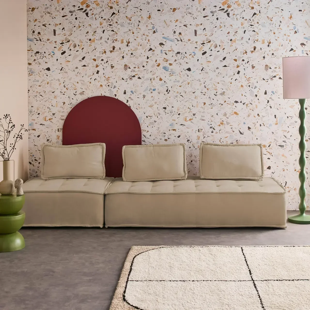 Conjunto modular 3 lugares em tecido capitoné Dao