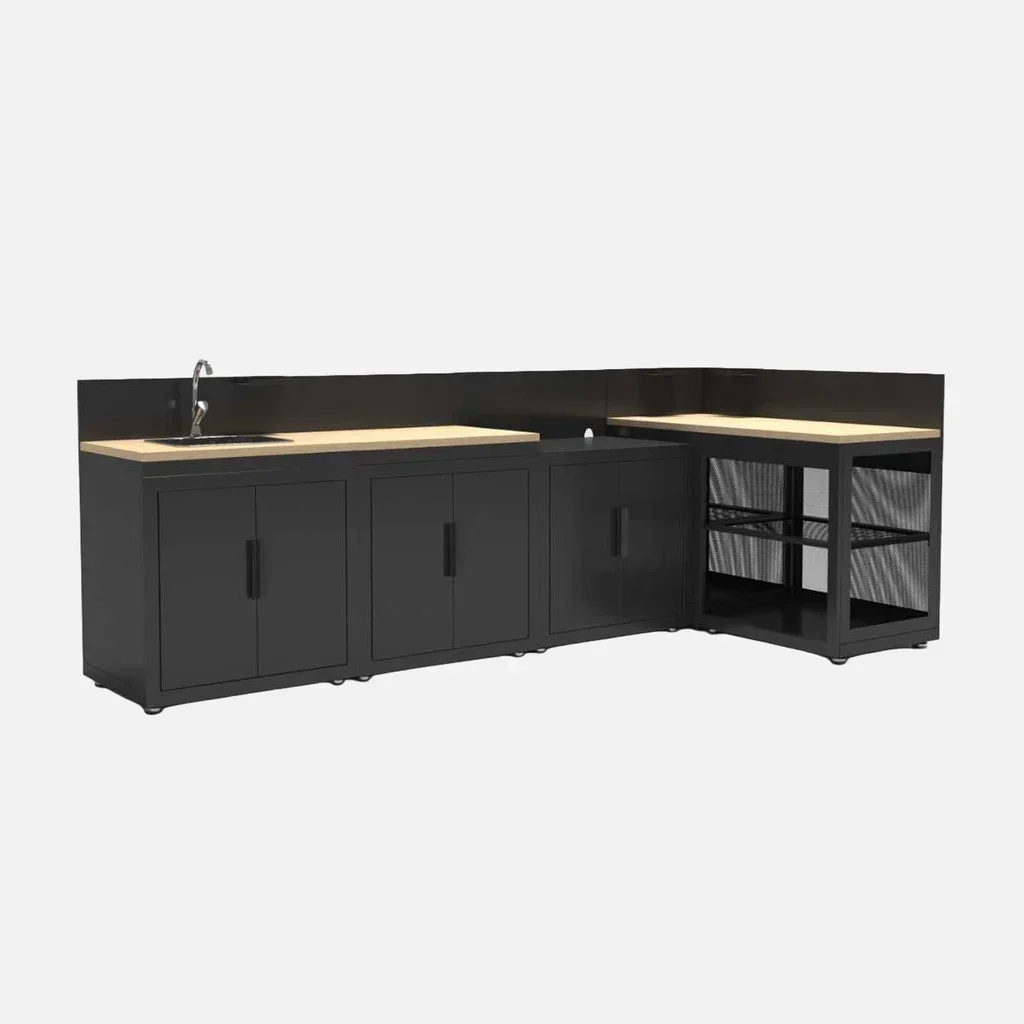 Modular outdoor kitchen Milos 5 modules steel wood finish terrace