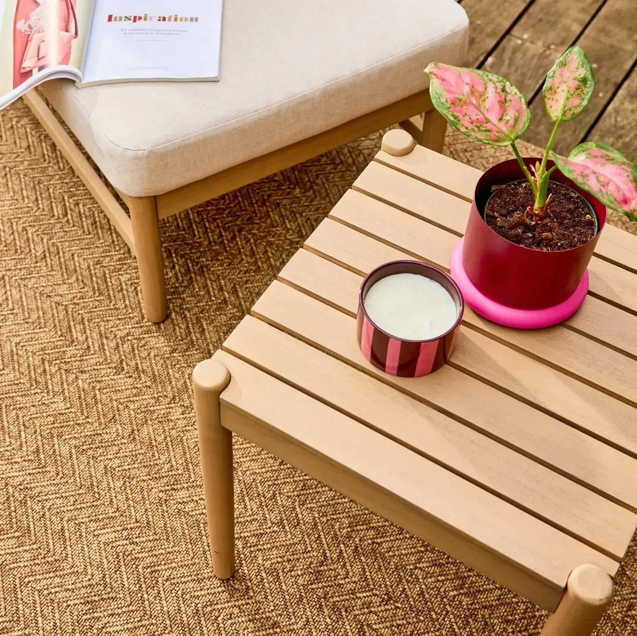 Salon de jardin 2 places bois acacia avec table basse