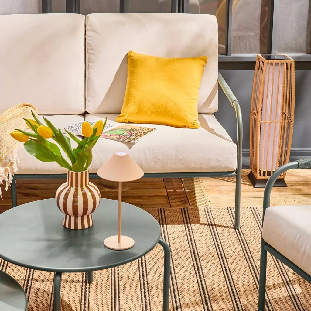 Conjunto jardim Luanda aço 7 lugares cáqui branco móveis exterior terraço