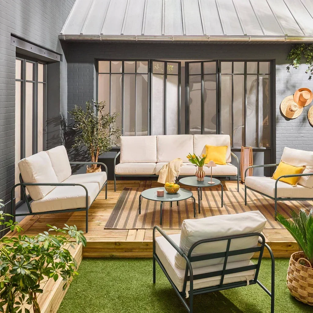 Conjunto jardim Luanda aço 7 lugares cáqui branco móveis exterior terraço
