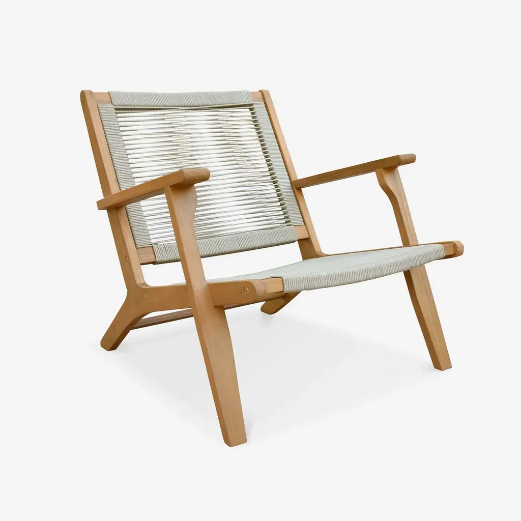 Fauteuil lounge Cuzco bois eucalyptus corde tressée avec repose-pieds