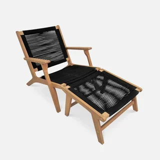 Fauteuil lounge Cuzco bois eucalyptus avec repose-pieds et assise cordes