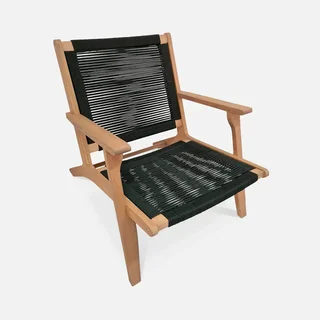Fauteuil lounge Cuzco bois eucalyptus avec repose-pieds et assise cordes