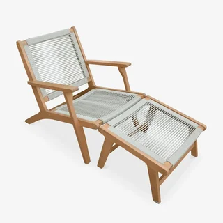Fauteuil lounge Cuzco bois eucalyptus corde tressée avec repose-pieds