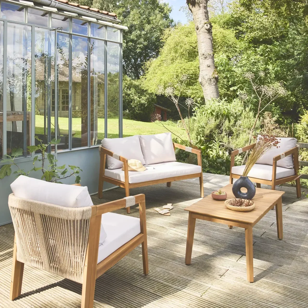 Salon de jardin 4 places bois acacia et cordage tressé Loberia