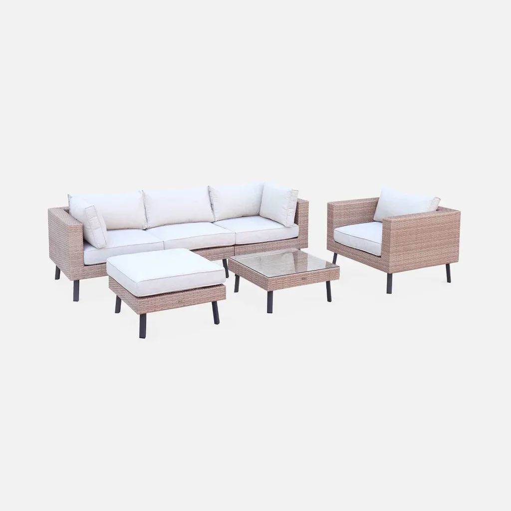 5-seater rattan garden furniture set glass table top Alba sweeek