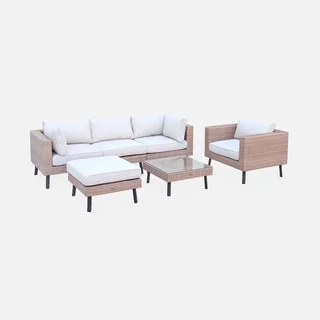 5-seater rattan garden furniture set glass table top Alba sweeek