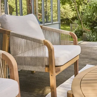 Salon de jardin bois acacia 7 places cordes tressées moderne extérieur