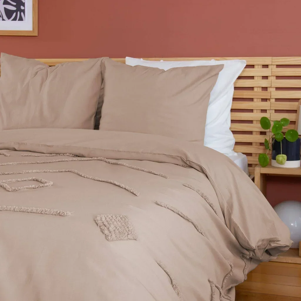 Parure coton lavé rose poudré 2 personnes tufté motifs géométriques