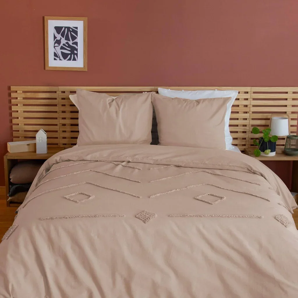 Parure lit coton lavé tufté rose poudré 2 personnes