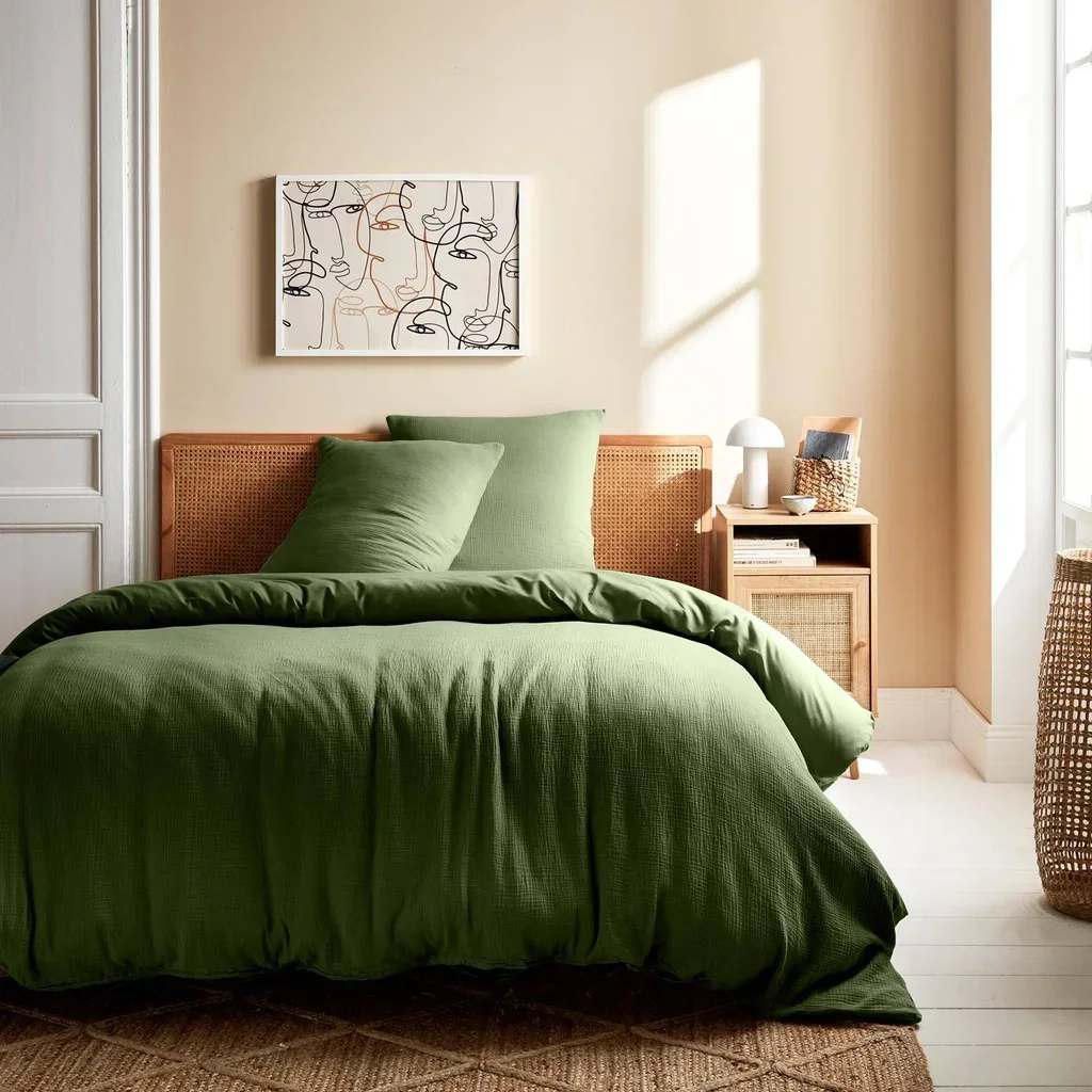 Parure lit gaze coton vert kaki Alix 240x220cm