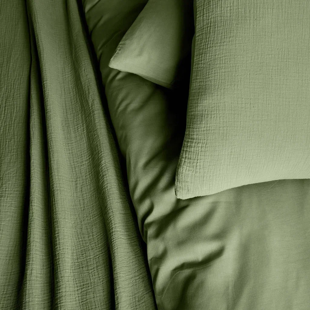 Parure lit gaze coton vert kaki Alix 240x220cm