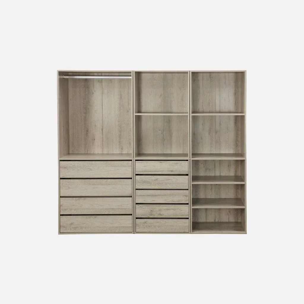 Ensemble dressing modulable bois 3 modules tiroirs étagères penderie