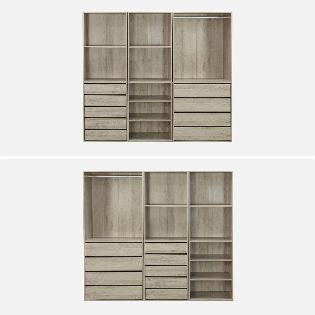 Ensemble dressing modulable bois 3 modules tiroirs étagères penderie