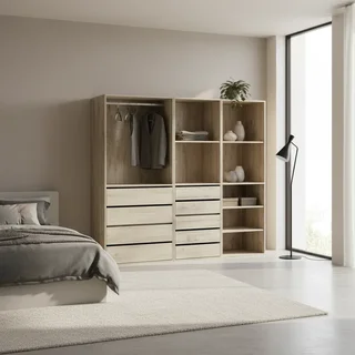 Ensemble dressing modulable bois 3 modules tiroirs étagères penderie