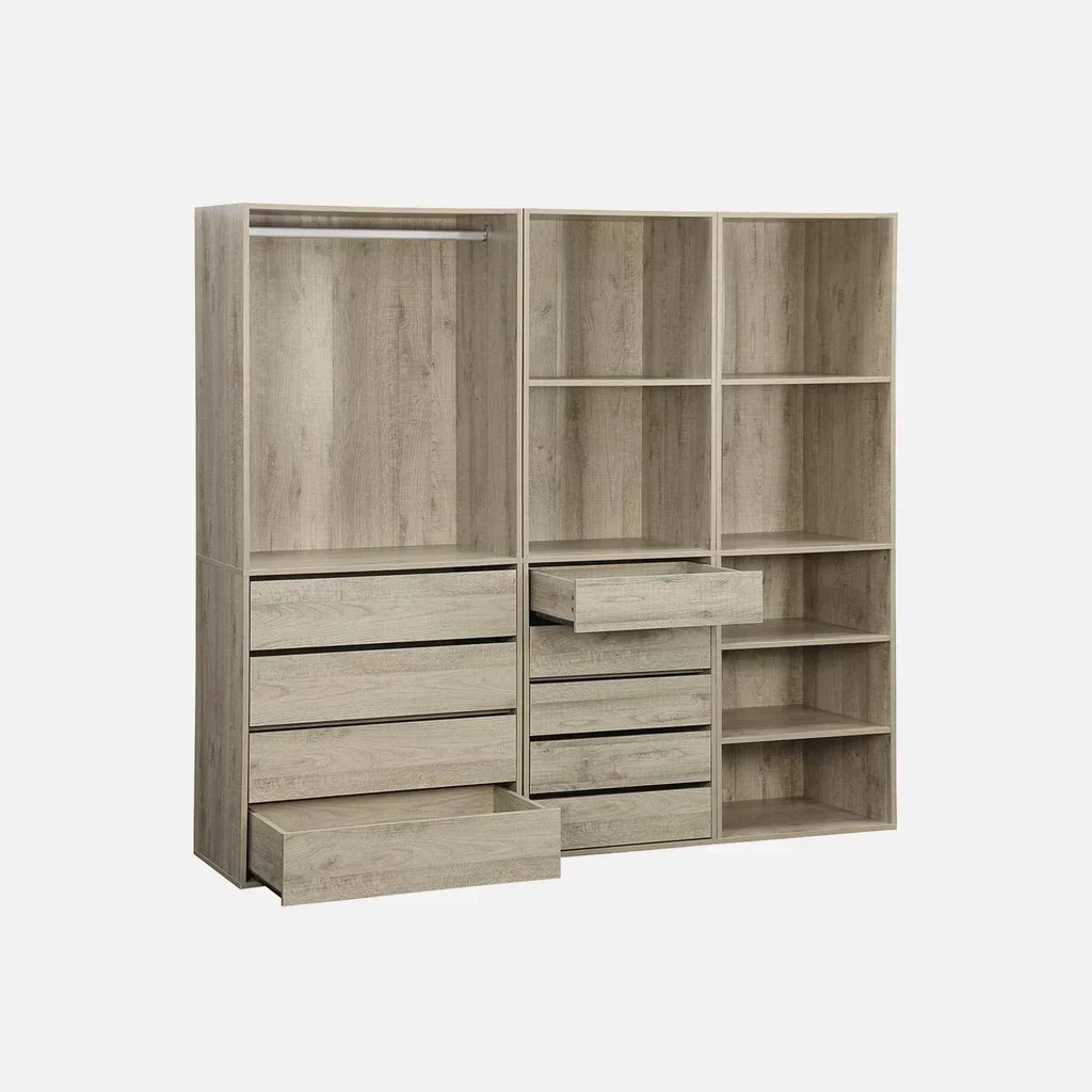 Ensemble dressing modulable bois 3 modules tiroirs étagères penderie