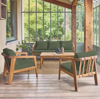 Salon de jardin 5 places bois acacia vintage avec coussins épais