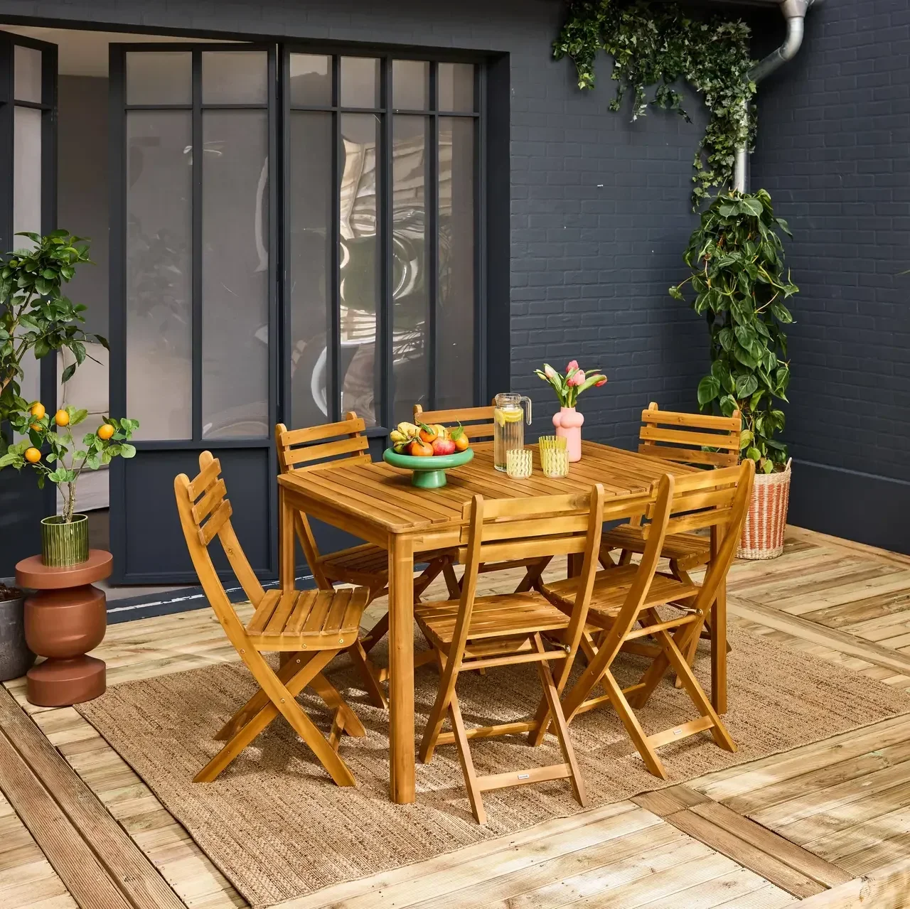 Ensemble table et 6 chaises de jardin en bois d'acacia Senora 120 cm