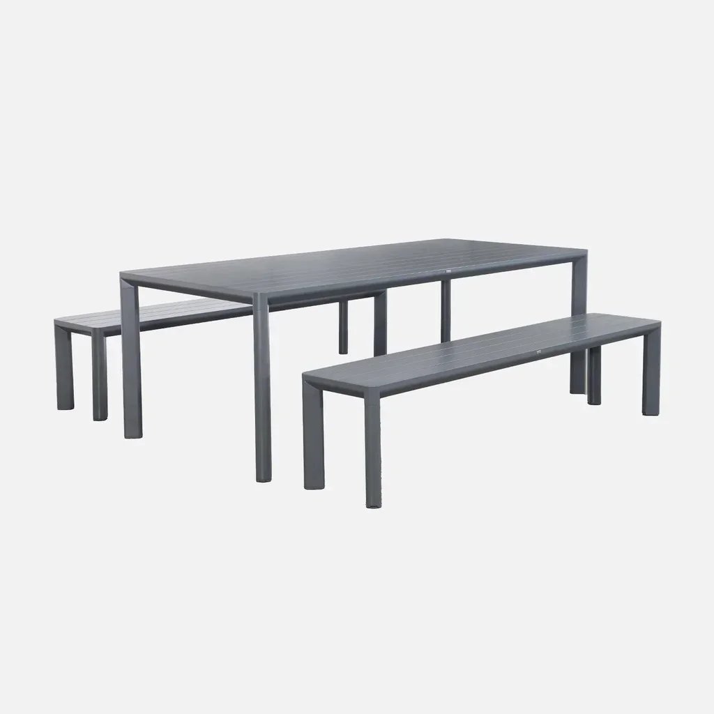 Ensemble table bancs jardin aluminium 3 pièces design moderne 8 places
