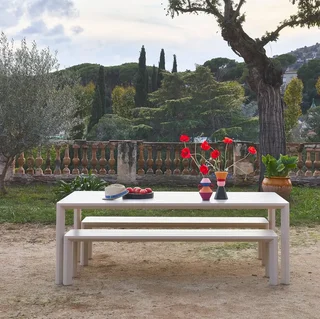 Ensemble table bancs jardin aluminium 8 places moderne