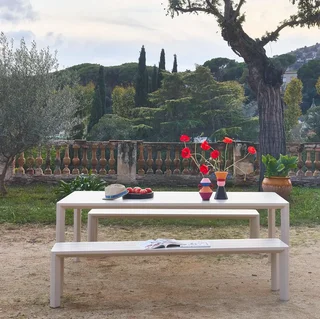 Ensemble table bancs jardin aluminium 8 places moderne