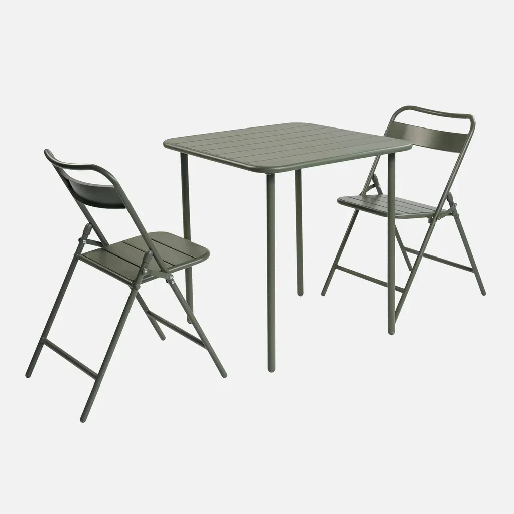 Ensemble table bistrot et 2 chaises pliantes métal jardin Amélia