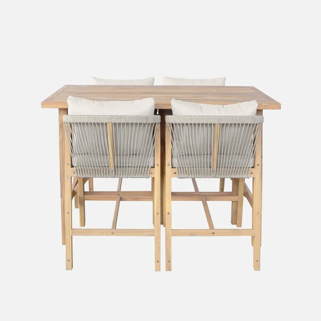 Ensemble table haute jardin acacia 4 fauteuils corde Paloma