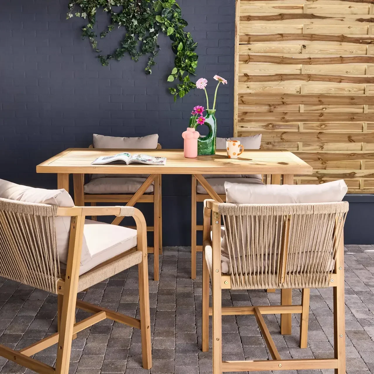 Ensemble table haute jardin acacia 4 fauteuils corde Paloma