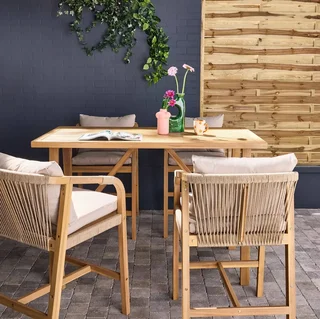 Ensemble table haute jardin acacia 4 fauteuils corde Paloma