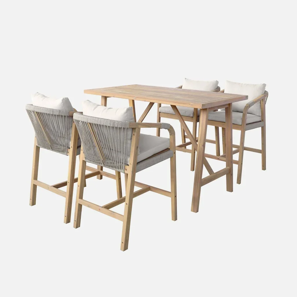 Ensemble table haute jardin acacia 4 fauteuils corde Paloma
